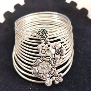 Silver-Tone Stacked Bangle Bracelet with Rhinestone Floral Accent